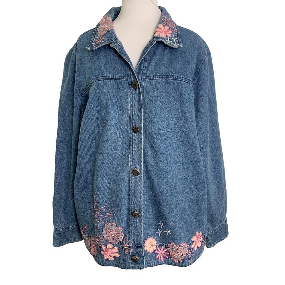 Toffee Apple Womens Denim Jacket Pink Embroidered Flowers Butterflies Cotton